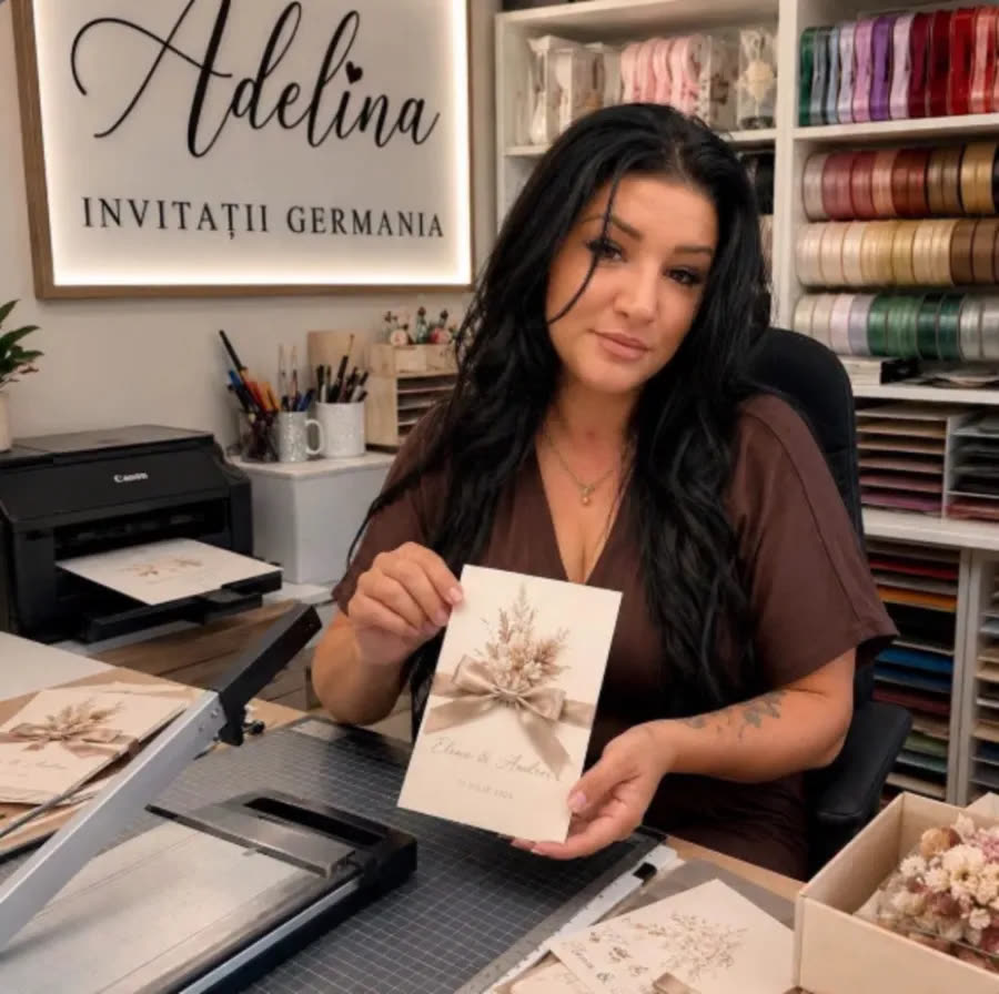 Adelina în atelierul ei, cu o invitație în mână